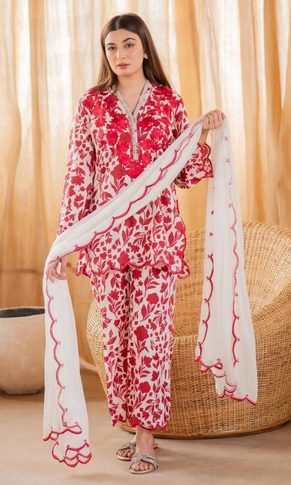 Lawn 3pc digital printed suit with bamber shaffon embroidered dupatta