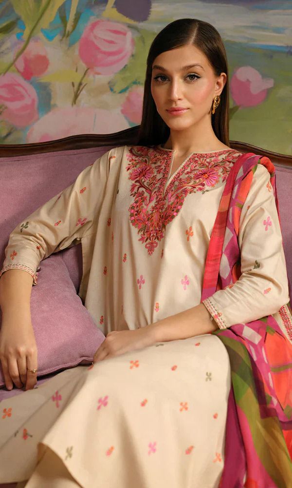 Dhanak 3pc unstitched fully embroidered suit with digital printed wool shawl