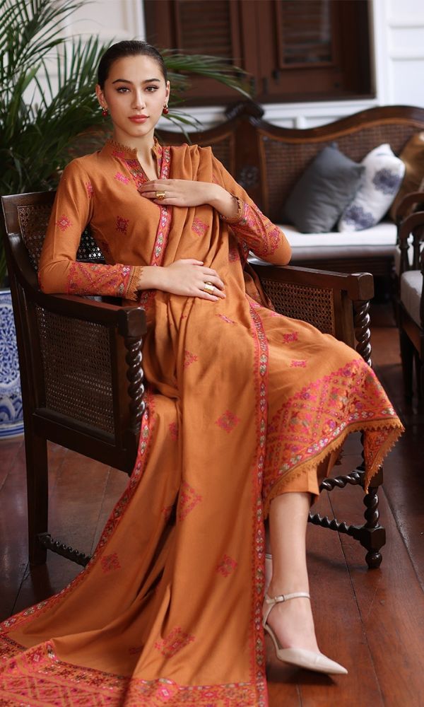 Dhanak 3pc unstitched fully embroidered suit with heavy embroidered shawl and patches