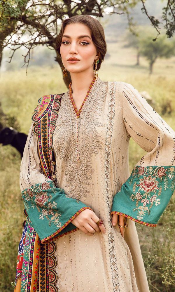 Lawn 3pc unstitched heavy embroidered suit with poly lawn digital printed dupatta