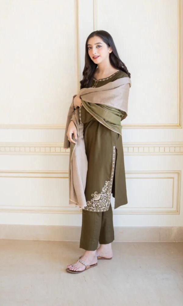 Dhanak 3pc unstitched embroidered shirt with embroidered sleeves