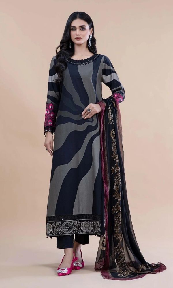 Lawn 3pc digital printed suit with patches and silk dupatta