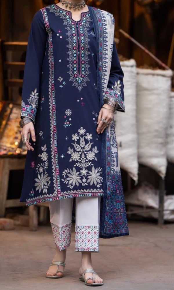 Dhanak 3pc unstitched embroidered suit with digital printed wool shawl
