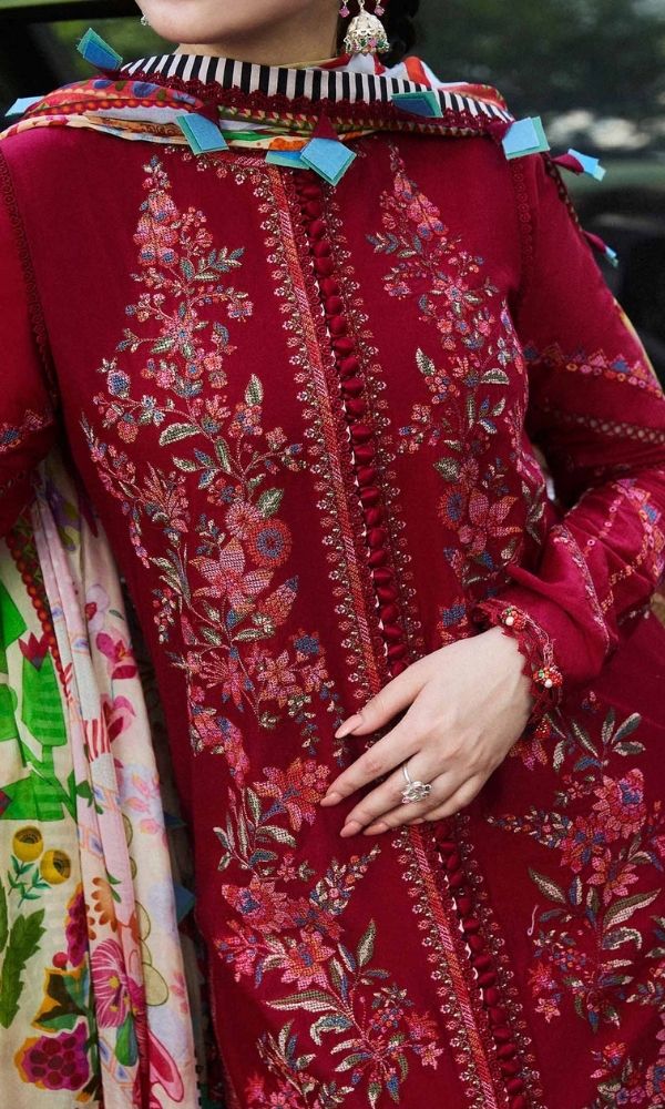 Dhanak 3pc unstitched fully embroidered suit with digital printed wool shawl