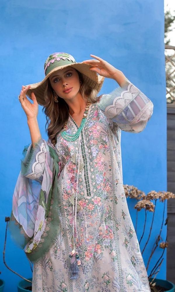 Lawn 3pc digital printed suit with patches and silk dupatta