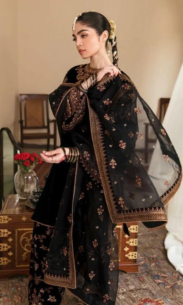Velvet 3pc unstitched fully embroidered suit with sequence organza dupatta