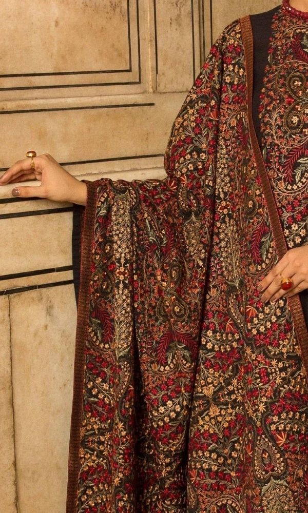 Breeze linen unstitched 3pc heavy embroidered shirt with heavy embroidered shawl