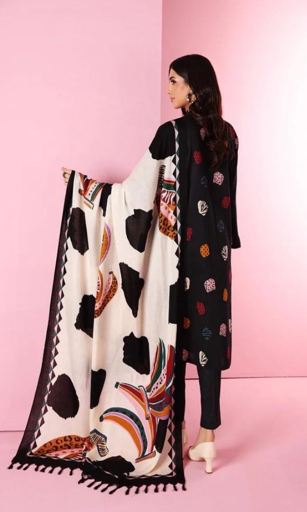 Dhanak 3pc unstitched embroidered shirt with printed wool shawl