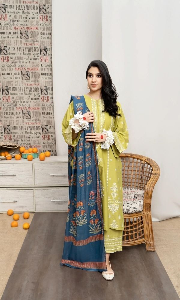 Dhanak 3pc unstitched embroidered shirt with embroidered trouser