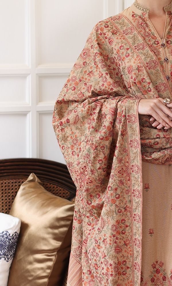 Dhanak 3pc unstitched heavy embroidered shirt with heavy embroidered shawl