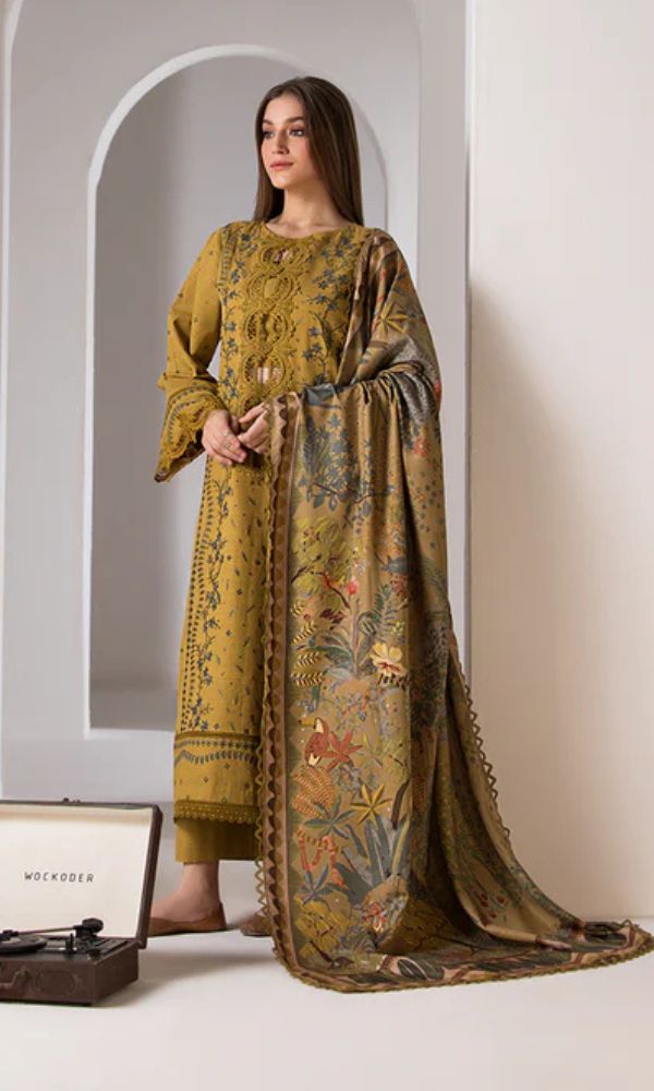 Lawn 3pc unstitched heavy embroidered suit with poly lawn digital printed dupatta