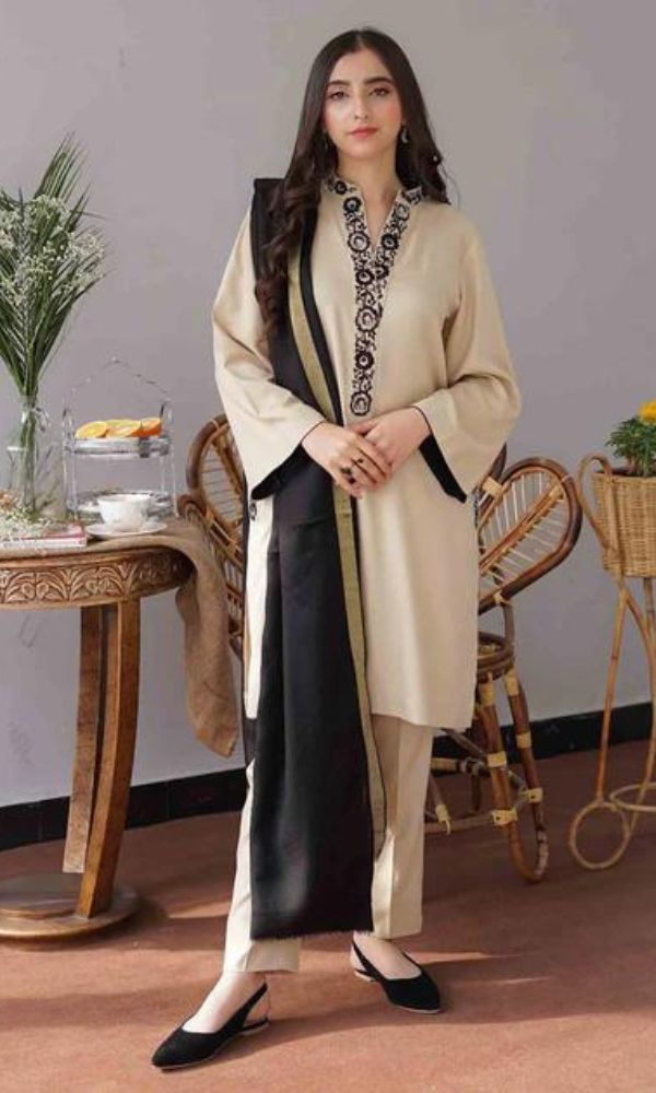 Dhanak 3pc unstitched suit with embroidered shawl and patches