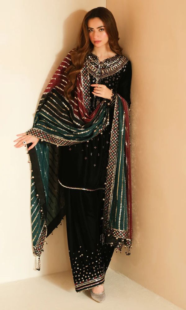 Velvet 3pc unstitched heavy sequence embroidered suit