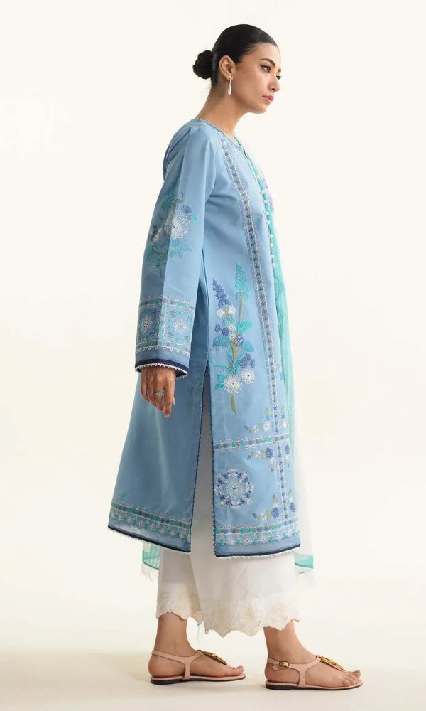 Dhanak 3pc embroidered suit with silk organza dupatta with patches