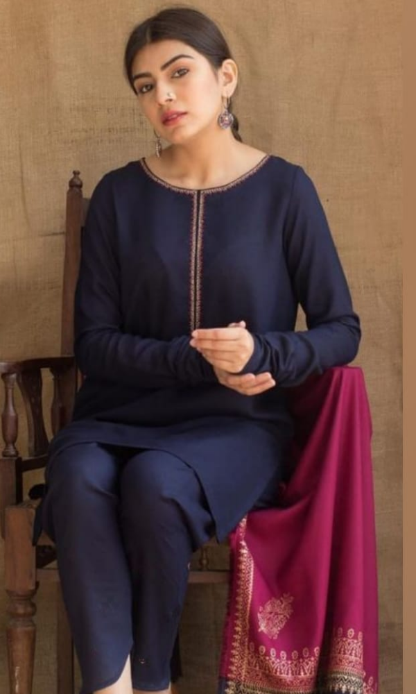 Dhanak 3pc unstitched shirt with patches with printed wool shawl