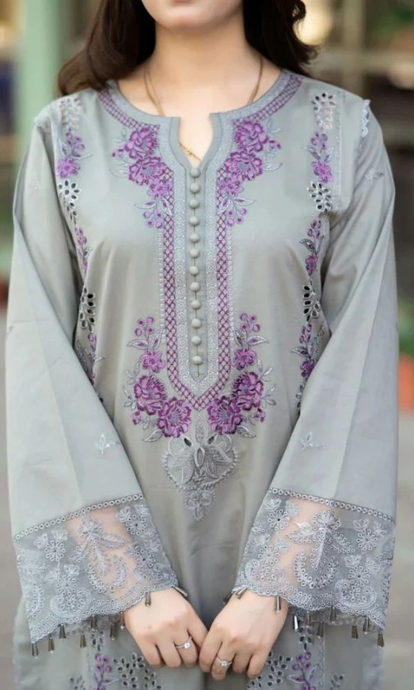 Dhanak 3pc unstitched embroidered suit with embroiered shawl