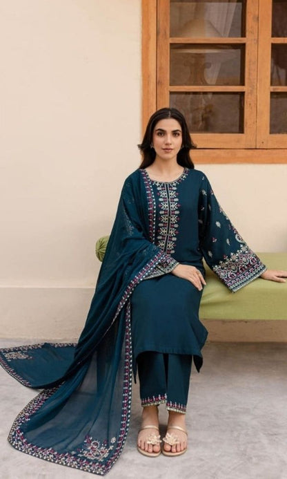 Dhanak 3pc unstitched heavy embroidered suit