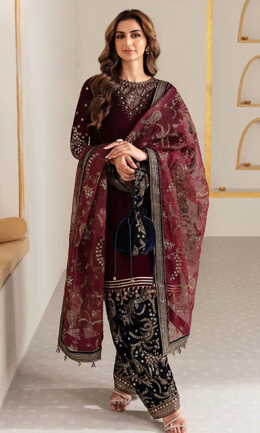 velvet 3pc unstitched sequence embroidered collection with embroidered dupatta and trouser