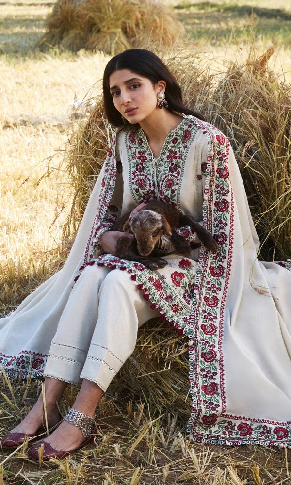 Dhanak 3pc unstitched embroidered suit with embroidered shawl