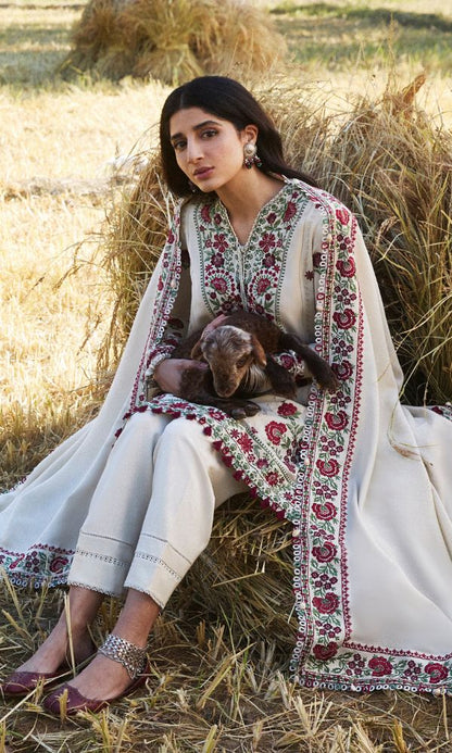 Dhanak 3pc unstitched embroidered suit with embroidered shawl