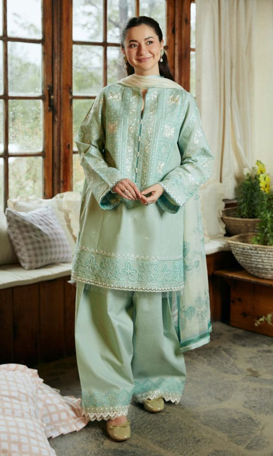 Lawn 3pc heavy embroidered suit with digital printed dupatta and trouser patches