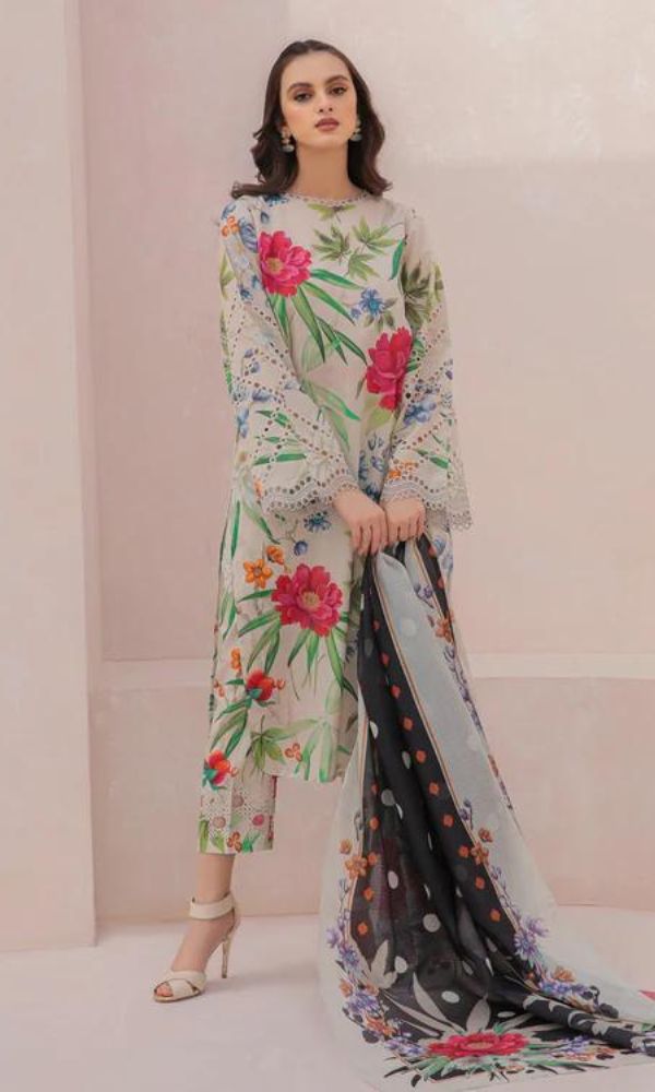 Lawn 3pc unstitched digital printed suit with patches and silk dupatta
