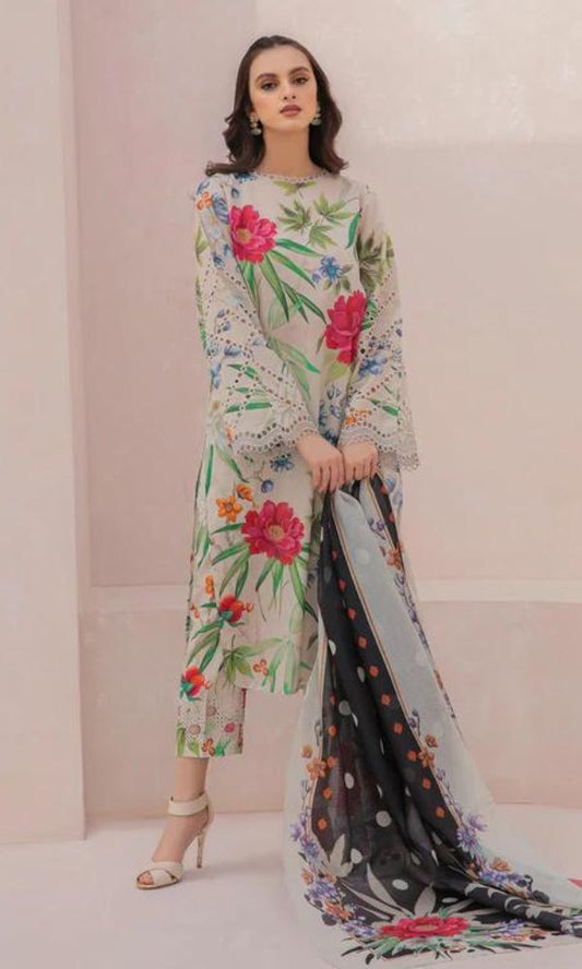 Lawn 3pc unstitched digital printed suit with patches and silk dupatta