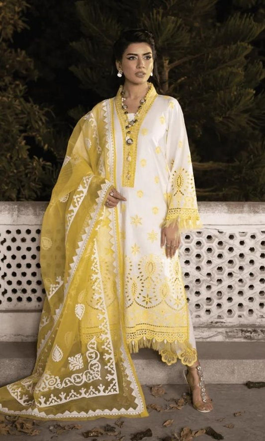 Lawn 3pc unstitched embroidered suit with patches and embroidered dupatta