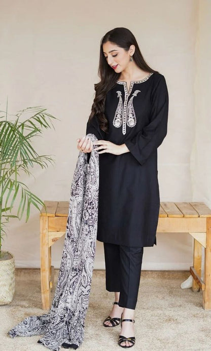 Dhanak 3pc unstitched embroidered shirt with digital printed wool shawl