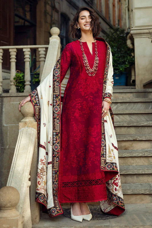 dhanak 3pc unstiched heavy embroidered suit with embroidered shawl