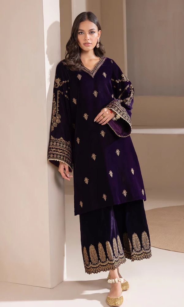 Velvet 3pc fully sequence embroidered suit organza embroidered dupatta with embroidered trouser
