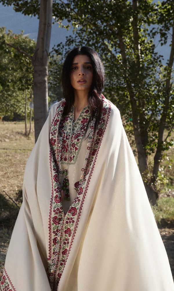 Dhanak 3pc unstitched embroidered suit with embroidered shawl