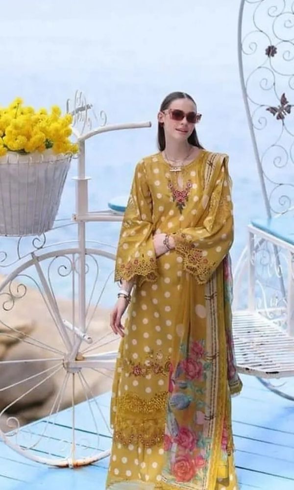 Lawn 3pc unstitched digital printed suit with embroidered patches