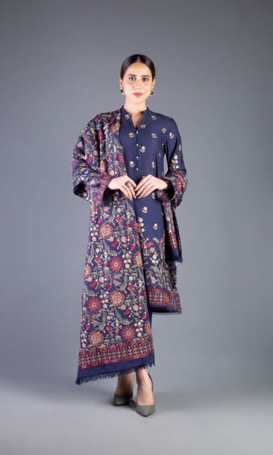 Dhanak 3pc unstitched heavy embroidered shirt with dhanak embroidered shawl