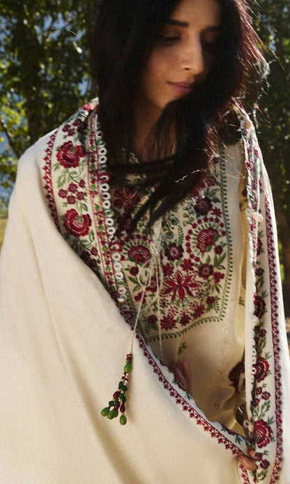 Dhanak 3pc unstitched embroidered suit with embroidered shawl