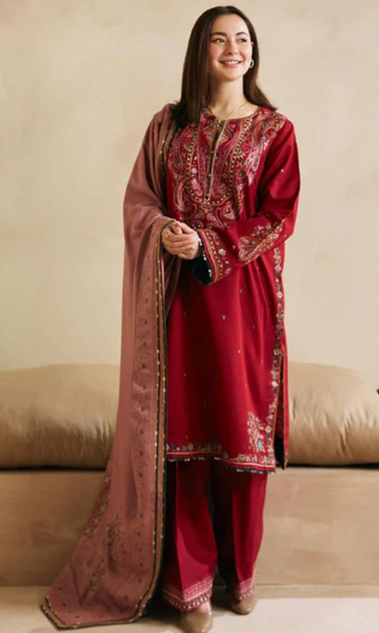 Dhanak 3pc unstitched heavy embroidered suit with embroidered shawl