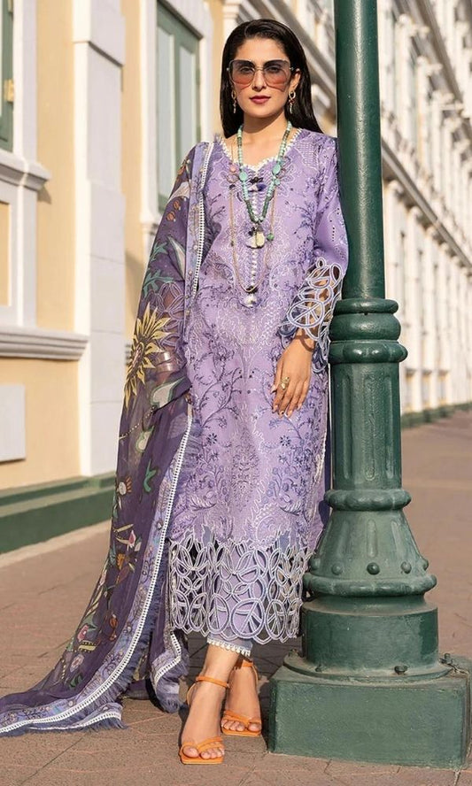 Lawn 3pc heavy boring embroidered shirt with silk dupatta