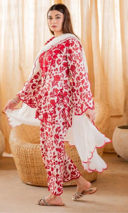 Lawn 3pc digital printed suit with bamber shaffon embroidered dupatta