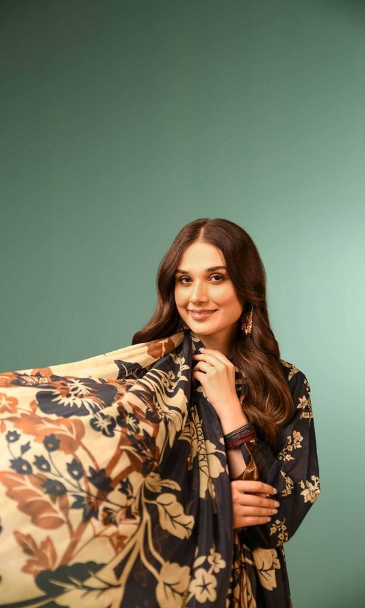 Dhanak 3pc unstitched heavy embroidered suit with poly woolen shawl