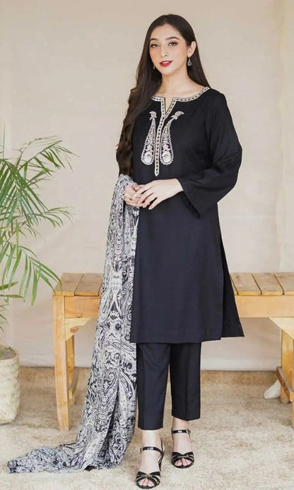 Dhanak 3pc unstitched embroidered shirt with digital printed wool shawl