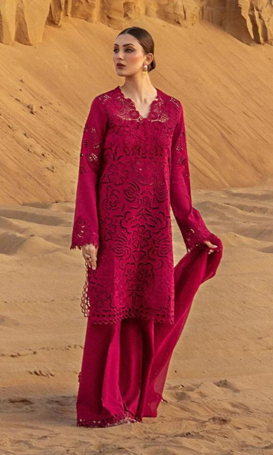 Lawn 3pc heavy embroidered chiken kari suit with pallu cutwork dupatta