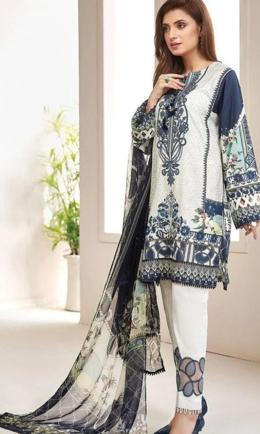 Lawn unstitched 3pc embroidered shirt with printed dupatta