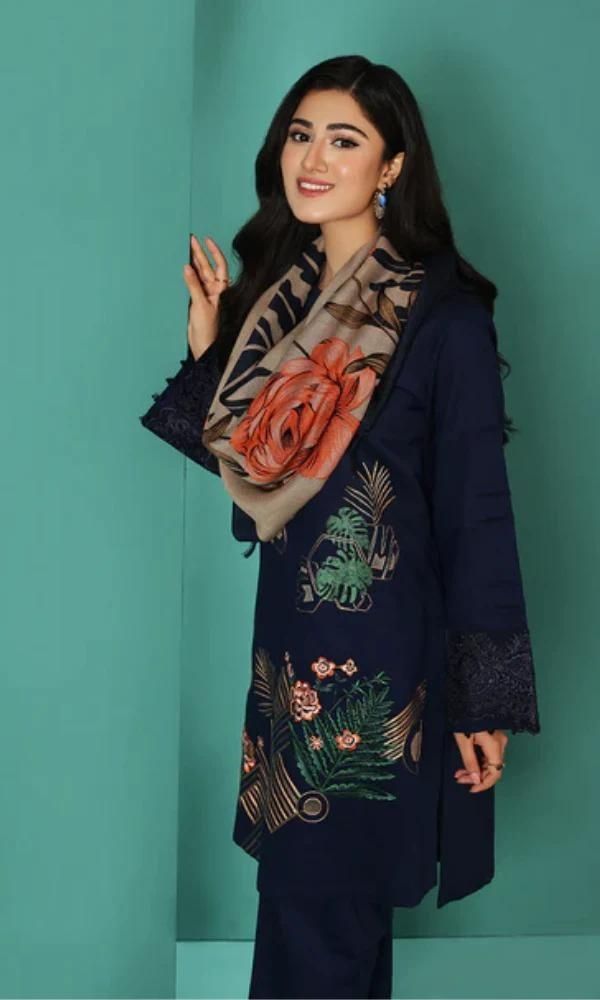 Linen 3pc embroidered suit with digital printed wool shawl