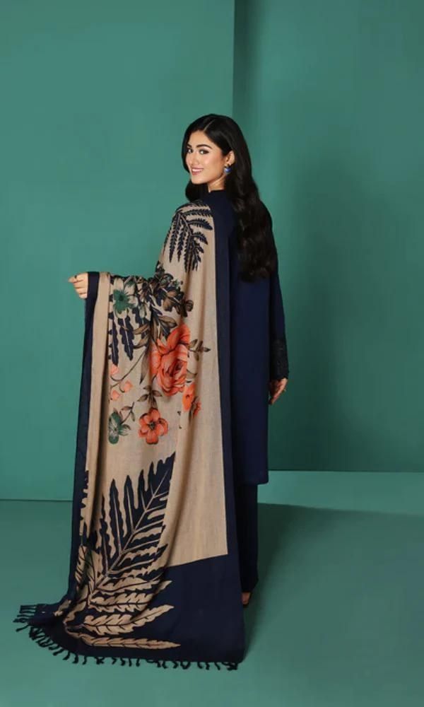 Linen 3pc embroidered suit with digital printed wool shawl