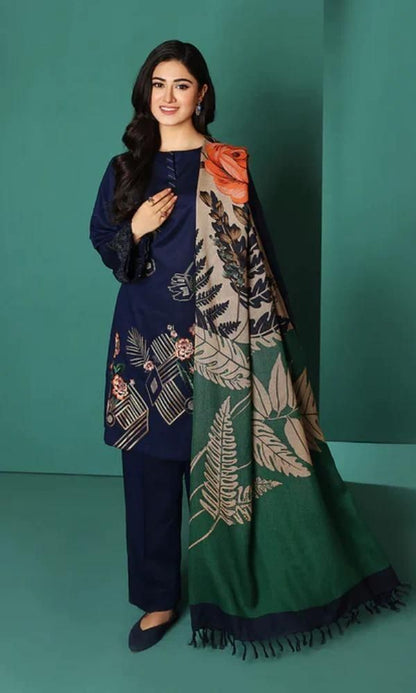 Linen 3pc embroidered suit with digital printed wool shawl