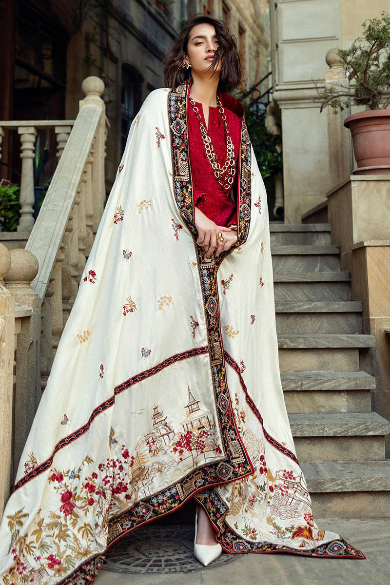 dhanak 3pc unstiched heavy embroidered suit with embroidered shawl