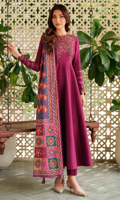 Dhanak 3pc unstiched embroiered suit woth twill digital printed shawl