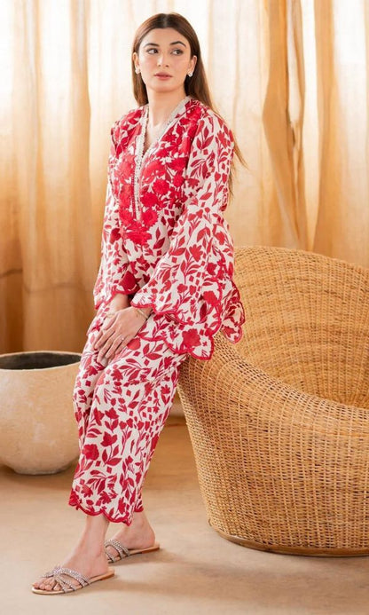 Lawn 3pc digital printed suit with bamber shaffon embroidered dupatta