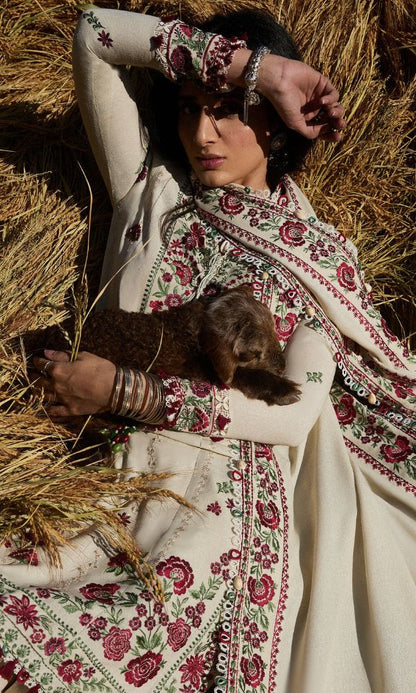 Dhanak 3pc unstitched embroidered suit with embroidered shawl