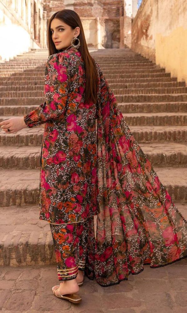 3pc linen unstitched digital printed suit with same dupatta and printed trouser